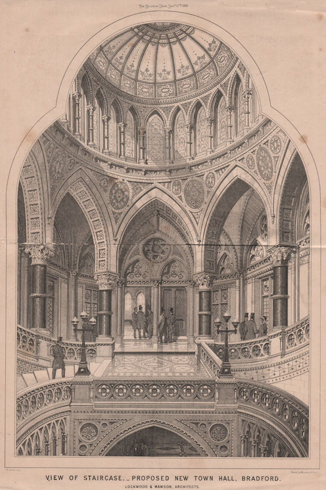 Staircase, proposed New Town Hall, Bradford. Lockwood & Mawson. Yorkshire 1869